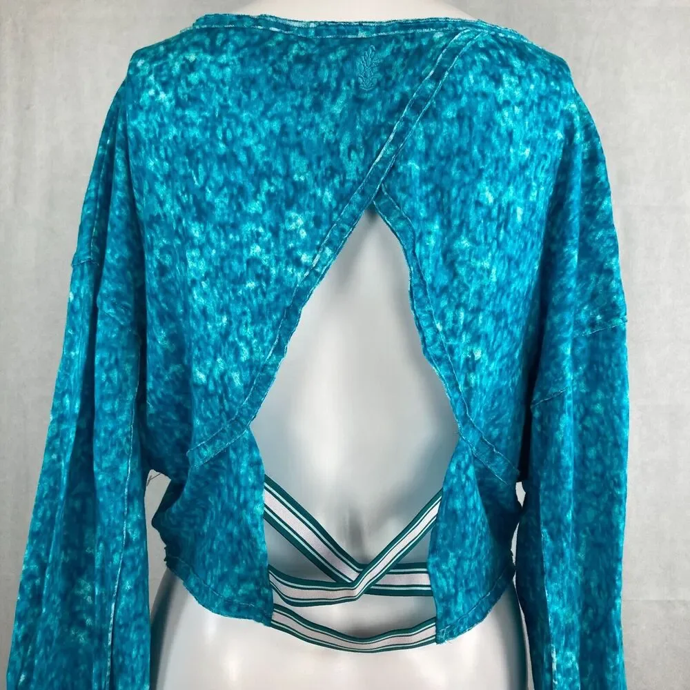 Free People Movement Shirt Womens M Blue Cotton Backstage Criss Cross Back Crop‎